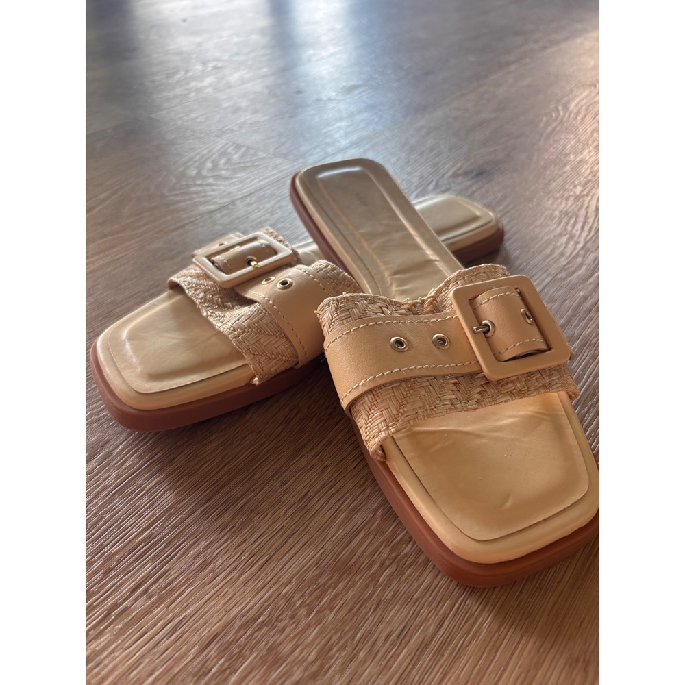 Anthropologie Woven Buckle Slide Sandals Beige Square Toe Flat Size 38 Brazil